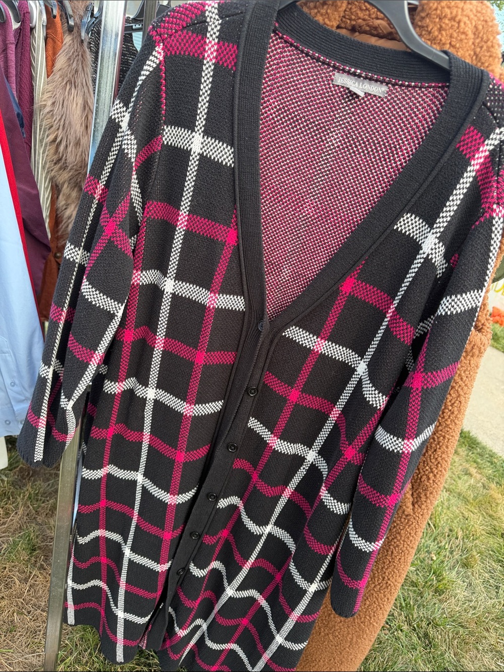 Jessica London Black Plaid Cardigan with Fuchsia & White